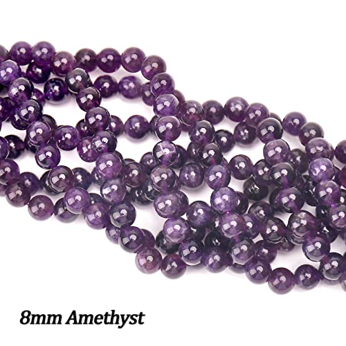 70PCS Natural 8MM Healing Gemstone, Amethyst Energy Stone Round Loose Beads, Semi-Precious Crystal Beads with Free Elastic String for Jewelry Making DIY - color: Amethyst