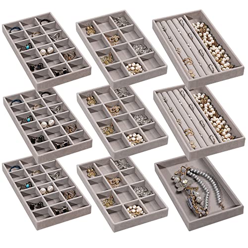 Frebeauty Jewelry Organizer Tray,Stackable Velvet Jewelry Trays,Drawer Inserts Earring Organizer For Women Jewelry Storage Display Case for Rings Stud Necklaces,Set of 9(Grey) - color: Grey, size: Set 9