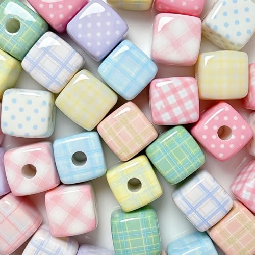 20PCS Large Acrylic Square Beads for Pens, 14MM Cream Grid Polka Dot Cube Beads for Keychain Jewelry Bracelet Making Focal Bead for Pen Making Crafts DIY Projects - color: Cream Square Bead