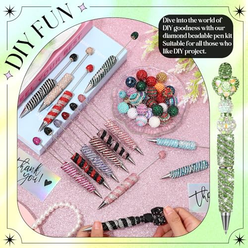 Tondiamo 45 Pcs Full Rhinestone Beadable Pens Bulk Set 15 Glitter Diamond Pens with Cards & Bags Fancy Beaded Pen for Beads DIY Cute Journalling Bling Ballpoint Craft Making(Streak Diamonds) - style: Streak Diamonds