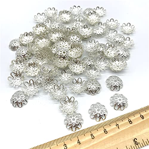 500PCS 10mm Gold Tone Flower Bead Caps Hollow Flower Bead Caps for Jewelry Making (Silver) - color: silver