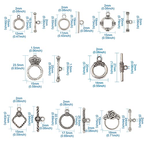 Craftdady 40 Sets Antique Silver Round Ring Toggle Clasps 8 Styles Tibetan Metal Closure End Clasps with T-Bar Connectors for Craft Bracelet Jewelry Making - color: 8 Styles,Antique Silver