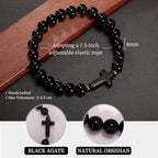 Healing Onyx Bracelet for Women Men Handmade Natural Gemstone Amethyst Crystal Bracelets Obsidian Cross Beaded Stone Jewelry - color: Black Agate