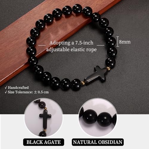 Healing Onyx Bracelet for Women Men Handmade Natural Gemstone Amethyst Crystal Bracelets Obsidian Cross Beaded Stone Jewelry - color: Black Agate