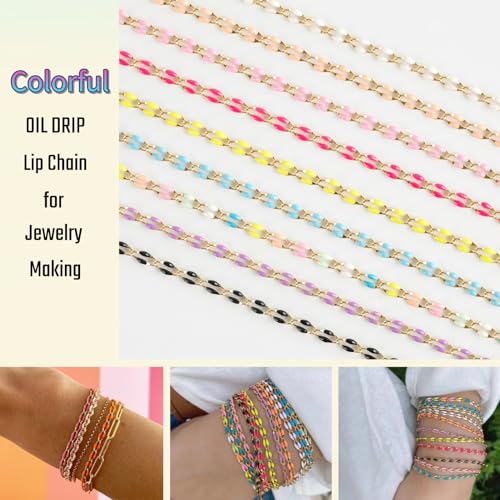 Pink Enamel Chain for Jewelry Making, 2 Meters Gold Plated Brass Cable Link Chain Roll with 30pcs Jump Rings and 10pcs Lobster Clasps - color: Pink