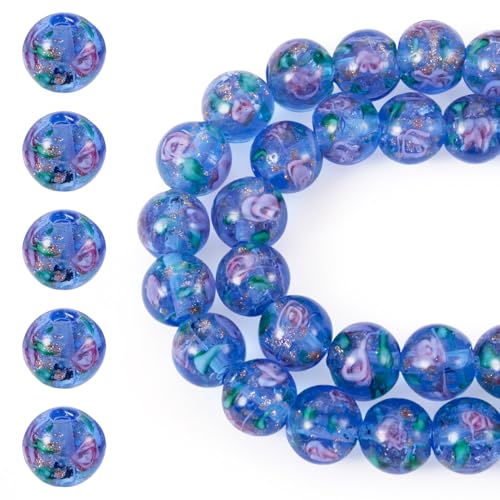 Cheriswelry 40Pcs/Strand Round Flower Glass Beads 10mm Handmade Lampwork Gold Sand Glass Bead Crystal Bracelet Bead for DIY Necklace Earring Jewelry Making Home Decoration (Cornflower Blue) - color: Cornflower Blue