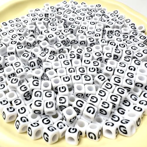 500Pcs Letter Pony Beads G 6X6mm Individual White Acrylic Alphabet Beads for Friendship Jewelry Making - color: Square - G