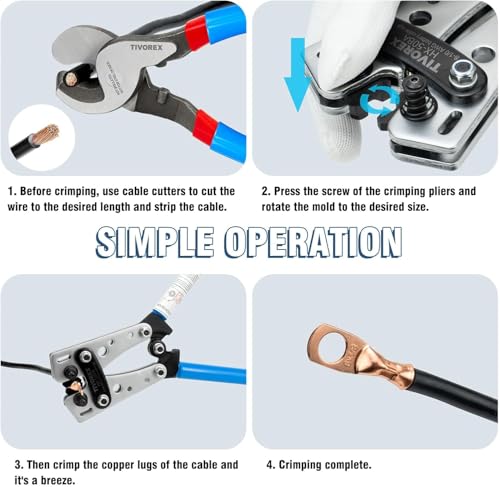 Battery Cable Wire Lug Crimping Tool for AWG 8-1/0 Heavy Duty Wire Copper Lugs, Electrical Lug Crimper with Cable Cutter, Silver, Blue, Black