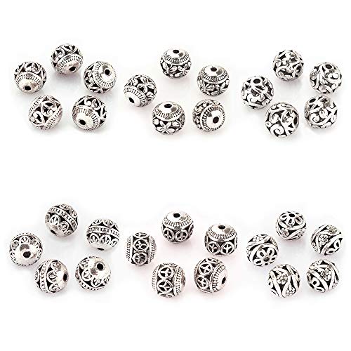 LolliBeads (TM) 10mm 30Pcs Tibetan Silver Round Hollow Spacer Charm Beads Jewelry Findings Mix Lot Box Set Assortment - color: Tibetan Silver-Style 02-10pcs, size: 10 mm