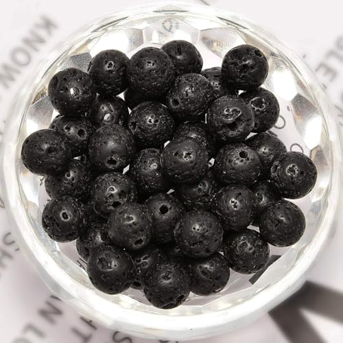 100pcs Natural Stone Beads 8mm Black Volcanic Lava Round Genuine Real Stone Beading Loose Gemstone Hole Size 1mm DIY Charm Smooth Beads for Bracelets Necklaces Earrings Jewelry Making Crafts - color: Black Lava