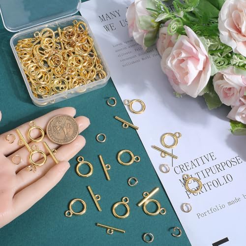 1 Box 60 Sets Toggle Clasps Ring and Bar Clasp Gold & 120Pcs Brass Open Jump Rings OT Toggle T-Bar Connectors Findings for Jewelry Making Supply DIY Crafts Necklace Bracelet Supplies - style: Style 1