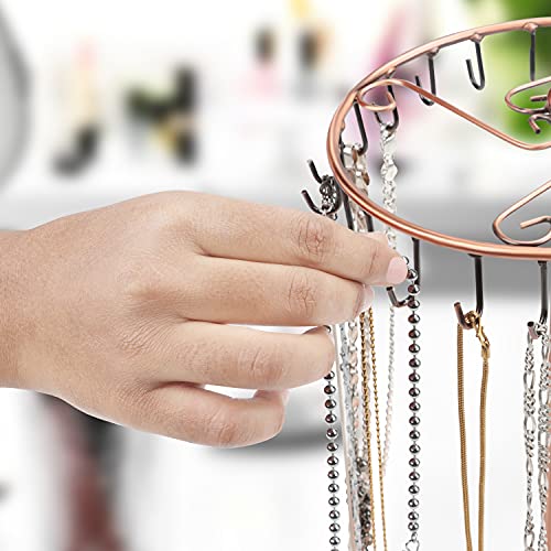 BELLE VOUS Copper Metal Rotating Jewellery Holder Display Stand (23 Hooks) - H34.8 x W20.5cm / 13.70 x 8.07 Inches - Hanging Organiser Tower Rack - Storage for Necklaces & Bracelets, Rings & Earrings