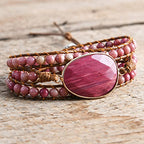 YGLINE Women Boho Handmade Natural Stone Crystal Leather Bead Wrap Bracelets Collection - color: Rhodochrosite-3w