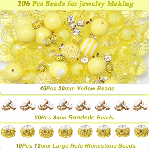 106Pcs 20mm Beads for Pens Making with Rondelle Spacer Beads Yellow Acrylic Focal Bubblegum Bead Crystal Round Sparkly Chunky Bead for Pens Beadable Keychain Necklace DIY Craft Jewelry Making Supplies - color: Yellow