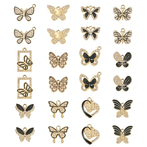 Craftdady Crystal Rhinestone Pendants Butterfly Heart Rhombus Bowknot Earring Charms Alloy Enamel Metal Pendants Light Gold Bracelet Charms for DIY Craft Necklace Jewelry Making - color: Black Butterfly