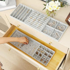 Fixwal Jewelry Organizers and Storage, 14in Stackable Jewelry Drawer Organizer, Set of 5 Jewelry Trays with Removable Dividers, Multi-Layer Tray for Earrings Necklaces Bracelets Watches, Grey