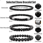 Men’s Hematite Bracelet Set Boho Multi - Tiger Eye/Matte Agate/Lava Rock Gifts for Birthday/Anniversary/Christmas - color: F03 Black Agate
