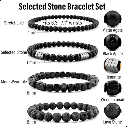Men’s Hematite Bracelet Set Boho Multi - Tiger Eye/Matte Agate/Lava Rock Gifts for Birthday/Anniversary/Christmas - color: F03 Black Agate