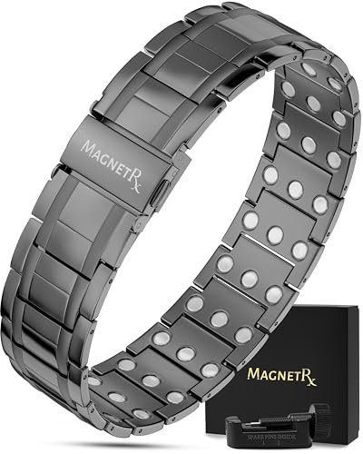 MagnetRX® 3X Strength Magnetic Bracelets for Men – Effective Magnetic Mens Titanium Bracelet – Premium Fold–over Clasp & Adjustable Length with Sizing Tool & Gift Box (Gunmetal) - color: Gunmetal (3X Strength)
