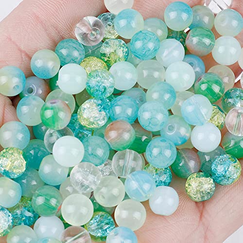 100PCS Glass Beads for Jewelry Making, Mix 8MM Green Crackle Lampwork Glass Beads Aurora Crystal Beads Matte Gemstones Spacer Beads Kits for Crafts Making - color: Green