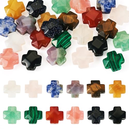24 Pcs Cross Beads for Jewelry Making Small Cross Gemstone Beads Crystal Crucifix Bead Charms for Easter Holiday Eid Mubarak Ramadan Christmas Necklace Jewelry Making 12-12.5mm - color: 12 Colors-Mix Stones