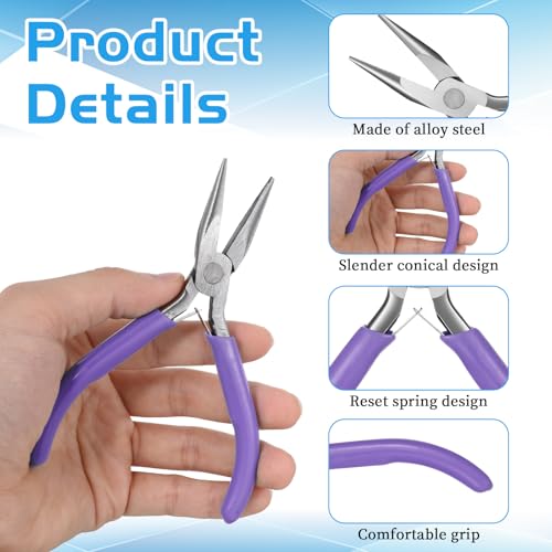 Purple Mini Needle Nose Pliers Set, 2Pcs Needle Nosepliers for Jewelry Making, Jewelry Chain Nose Plier, Small Craft Plier with Smooth Jaw and Comfort Grip Handle for Wire Bending Object Graspi - color: Purple