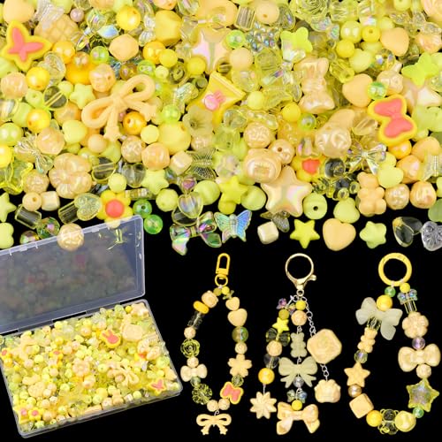 200-260PCS TINKRSTUFF Assorted Acrylic Beads Yellow Cute Beads for Bracelet Making, Bow Star Aesthetic Flower Butterfly GummyBear Kawaii Charms for Jewelry Necklace Making DIY Keychain Phone Charm - color: Yellow-150g