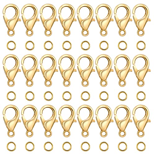 Grevosea 300PCS Lobster Claw Clasps with Open Jump Rings 12mm Metal Lobster Clasps for DIY Craft Bracelet Jewelry Making (Gold, Clasp: 12x7mm+Ring:5mm)