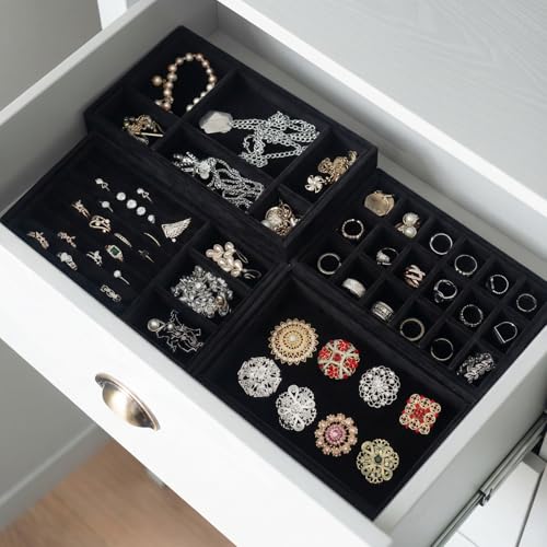 Elsjoy 8 Pack 4 Styles Black Velvet Jewelry Trays, Jewelry Organizer Tray Stackable Jewelry Storage Tray for Drawer, Rings, Earrings, Necklace