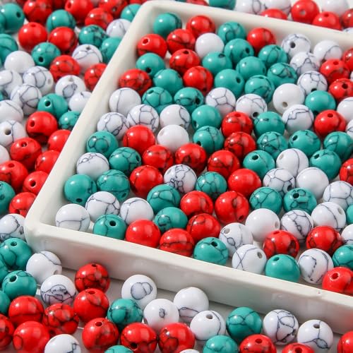 8mm Turquoise Beads 190pcs Christmas Natural Stone Gemstone Bead Round Loose Beads for DIY Crafts Bracelet Necklace Earrings Jewelry Making (Green&red) - color: green&red