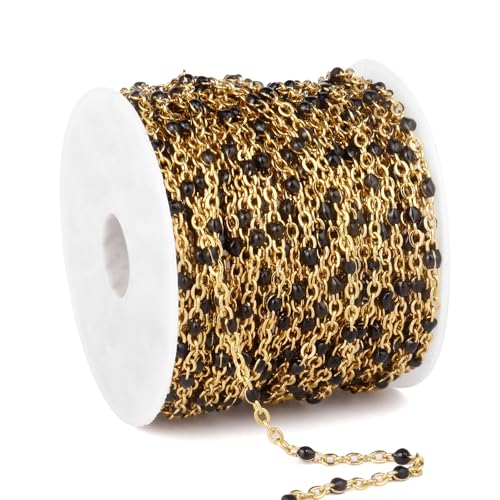 33 Feet Gold Enamel Chains Bulk, 2mm 18K Gold PVD Plated 304 Stainless Steel Black Enamel Beaded Cable Link Chain Roll Spool for Jewelry Making - color: Gold Black Beads