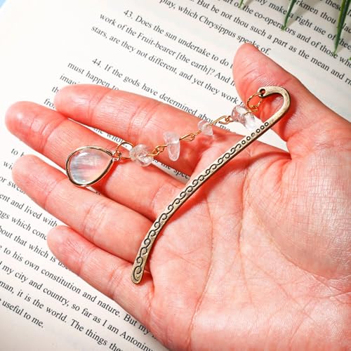 Vintage Metal Pendant Bookmark with Opal Drop Shell&Clear White Quartz Crystal StonesBead Chain–Elegant Natural Stone Protein Bookmarks for Women,Men,Book Lovers and Girls(Bronze) - style: Bronze
