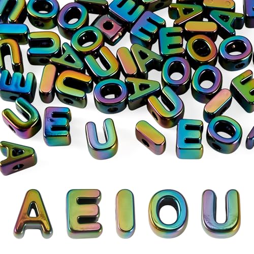 FASHEWELRY 50Pcs Large Acrylic Letter Beads UV Plating Iridescent Vowel Alphabet Beads 3D Initial Slider Bead with Horizontal Hole for Bracelets Necklace Keychains Jewelry Making - Colorful - color: Colorful