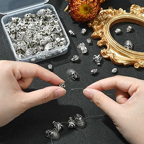 DanLingJewelry 150pcs 10 Styles Tibetan Style Skull Antique Silver Skeleton Head & Devil Head Beads for Halloween Jewelry Making - color: 150pcs - skull - 10 styles