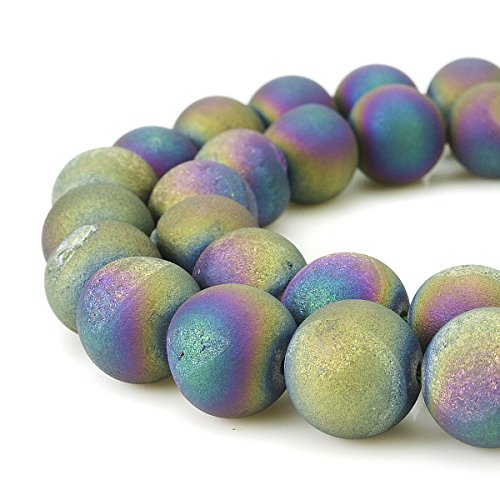 RUBYCA Round Dyed Electroplated Druzy Agate Quartz Crystal Gemstone Beads (1 Strand,Rainbow, 6mm) - color: Rainbow Color, size: 6mm