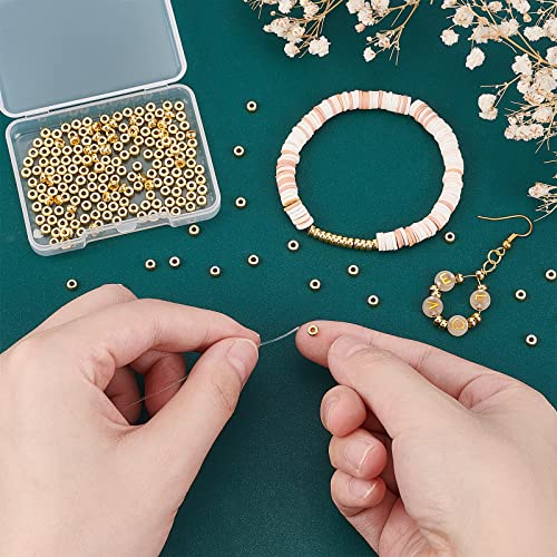 PH PandaHall 240pcs 18K Gold Disc Sapcer Beads, 4mm Flat Round Beads Heishi Rondelle Bead Solid Brass Bead Metal Spacers for Summer Stackable Necklace Bracelet Jewelry Making - size: 4mm