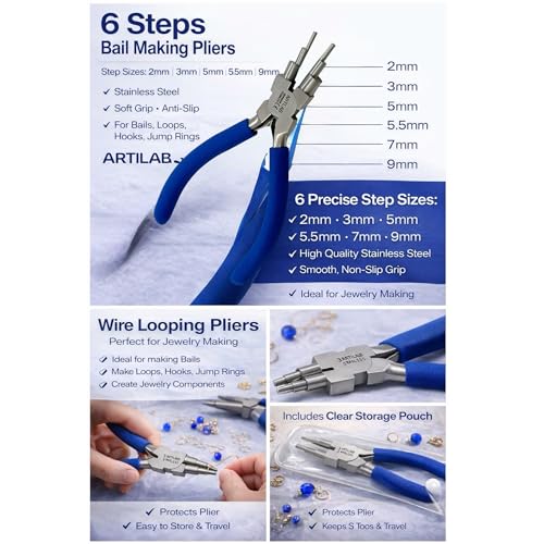 Bail Making Pliers 6 in 1 For Making Loop Rings and Jump Rings, Sizes 2mm to 9mm | Wire Looping and Forming Pliers with PVC Grip Handle - German Steel