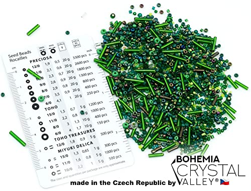 0.7oz (20g) Mix of Small Rocailles, Seed Beads & Bugles 2-10mm Preciosa Ornela Czech Glass Beads, Mix Green Iris - color: Seed Beads Mix - Green Iris, size: Mix
