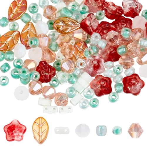 SUNNYCLUE 1 Box 350Pcs Mixed Czech Glass Beads Czech Bead Mix Electroplate Colorful Leaf Flower Assorted Faceted Pink Loose Spacer Beads for Jewelry Making Bracelets Necklaces Earrings Adults