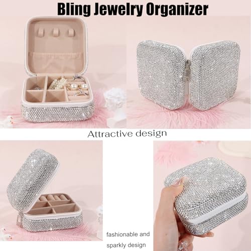 Bling Jewelry Organizer, Travel Jewelry Case Organizer Portable Small Jewelry Storage Box Shining Jewelry Holder Case Gifts for Women Teen Girls and Friends Mother's Days (Silver)