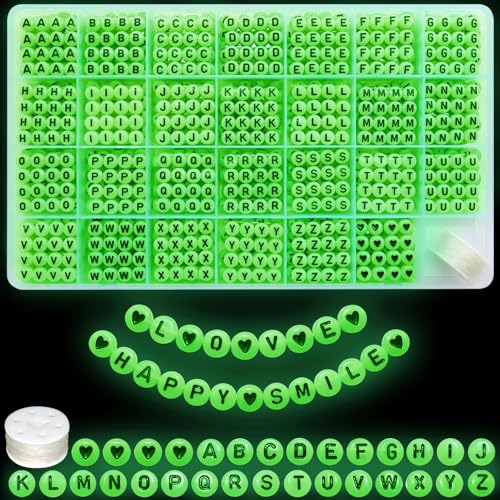 Amaney 1400pcs Letter Beads,Heart Beads Glow in The Dark 4x7mm A-Z Round Acrylic White Alphabet with Elastic Beading Cord for Jewelry Bracelet Making - color: Glow, size: 7x4mm