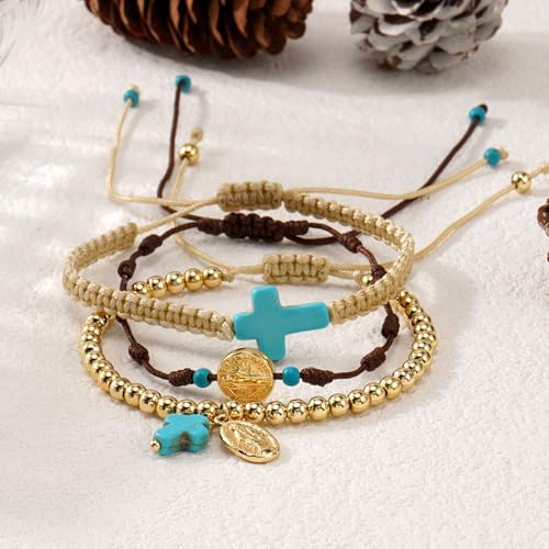 Christian Cross Jesus Pendant Charm Gold Rope String Beaded Bracelets Stack Set for Women,Handmade Bohemian Colorful Adjustable Jewelry,God Lucky Protection Friendship Gift - color: Blue