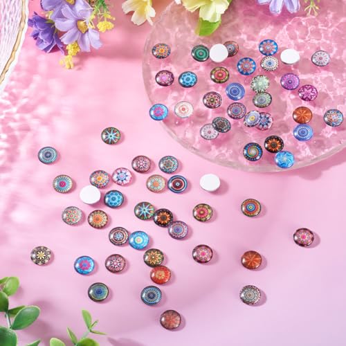 100Pcs/Set Flat Round Transparent Glass Cabochons with Pattern Eye Flatback Glass Dome Flatback Cab Beads for Photo Cameo Jewelry Making Necklace Ring DIY Crafts 12x4mm Random Flower - color: 100Pcs-12x4mm-Random Flower