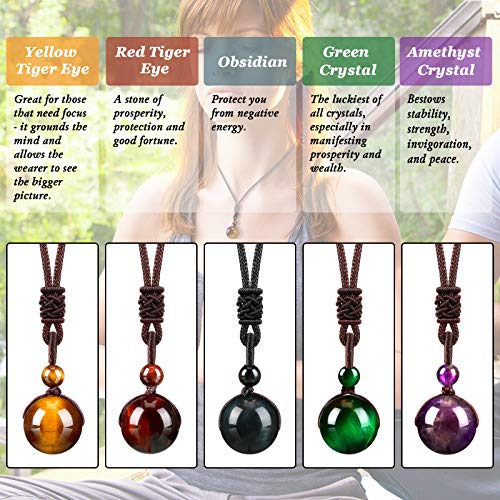Yaomiao 5 Pcs Tiger Eye Chakra Round Bead Pendant Necklace Natural Quartz Amethyst Obsidian Turquoise Healing Crystal Pendant with Adjustable Nylon Rope - color: Red Amber, Yellow Amber, Purple, Green, Black
