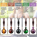 Yaomiao 5 Pcs Tiger Eye Chakra Round Bead Pendant Necklace Natural Quartz Amethyst Obsidian Turquoise Healing Crystal Pendant with Adjustable Nylon Rope - color: Red Amber, Yellow Amber, Purple, Green, Black