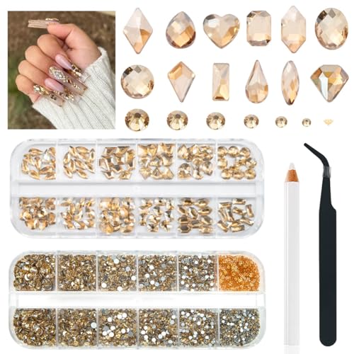 qiipii 4080Pcs Gold Nail Rhinestones, More Quantity 1.5-4mm Mini Flatback K9 Glass Crystal & 3D Multi Shapes Gems, Champagne Gold Gems Round Stones Diamonds jewels Gemstones for Nail Face Eyes Makeup - color: Champagne Gold, size: A Set