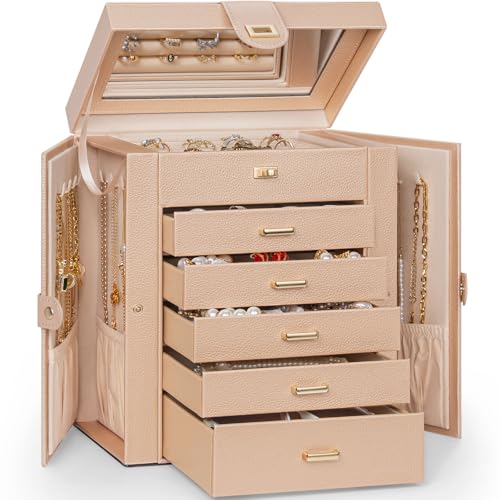 AKOZLIN 6-Tier Jewelry Box Organizer Functional 5 Drawers Leather Jewelry Storage Case for Women Girls Ring Necklace Earring Bracelet Holder Organizer with Mirror Champagne - color: Champagne, size: Medium