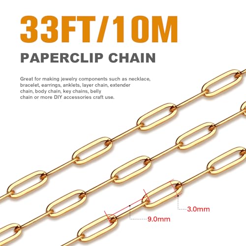 [33 Ft] Stainless Steel Paperclip Chains Roll, 3mm Width 18K Gold PVD Plated Stainless Steel Oval Link Chains Spool Bulk for Jewelry Making - color: 18k gold(3mm)
