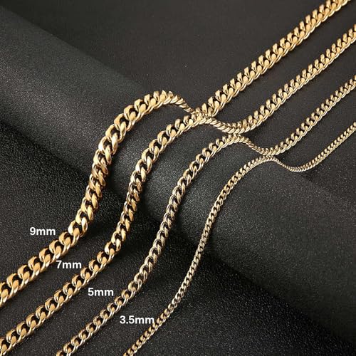 HZMAN Cuban Chain for Men - Stainless Steel Gold & Silver Diamond Cut Hip Hop Link Chains - 3.5mm/5mm/7mm/9mm - 16-30 Inch - color: 3.5mm Gold, size: 16In