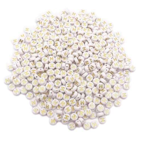 500PCS 4x7mm Acrylic Letter Beads H for Friendship Bracelets Jewelry Making, White Round Flat Acrylic with Golden Alphabet Beads for DIY Crafts Bracelets Necklaces Key Chains Phone Lanyard - color: H(Golden on White)